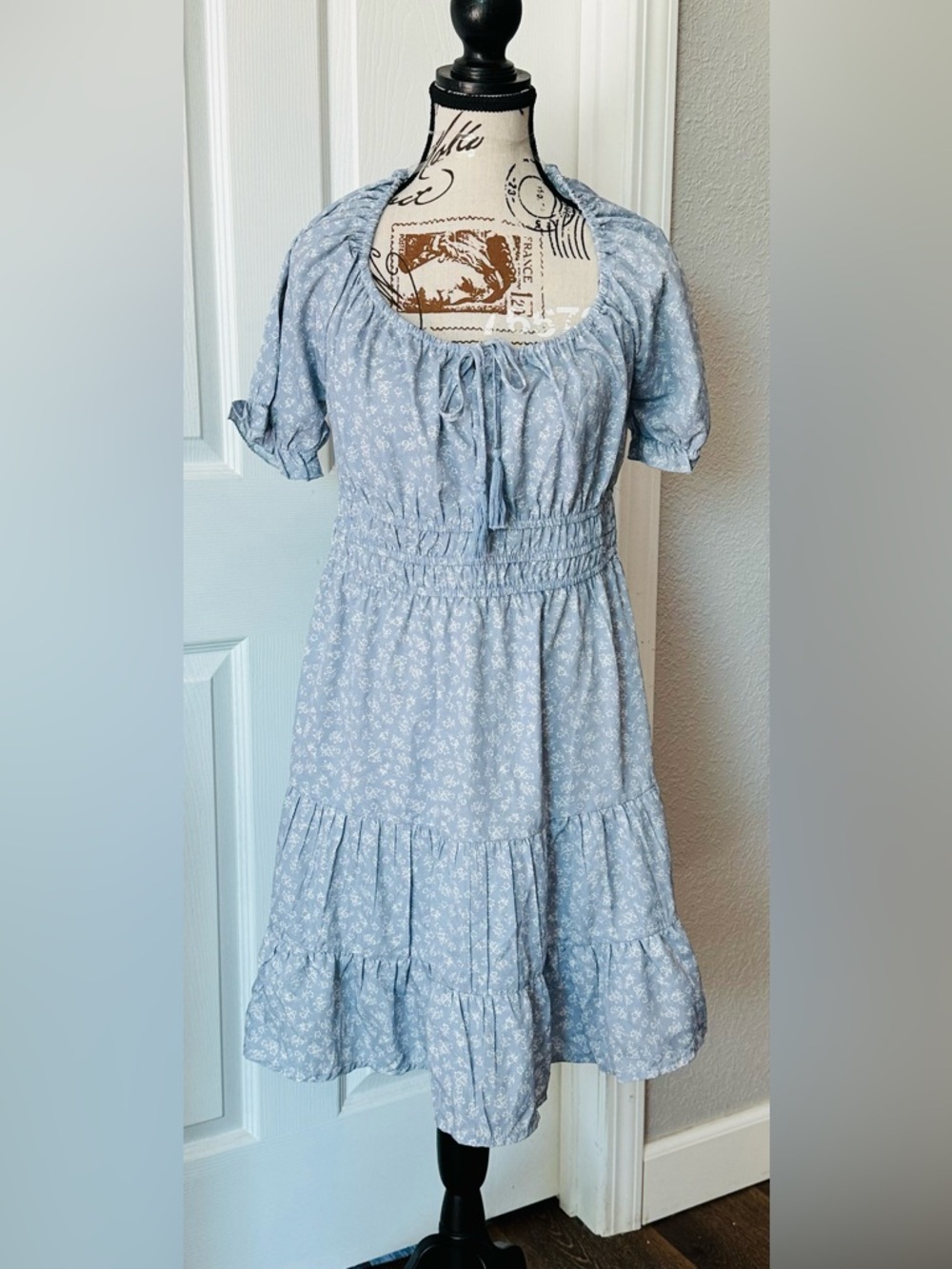 indulge Light Blue Floral Smocked Waist Off-Shoulder Dress